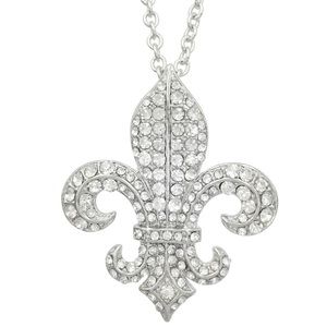 Classic Silver Rhinestone Fleur De Lis Bling Necklace